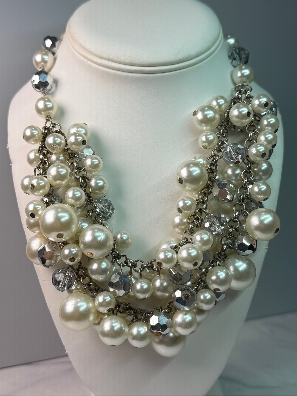 Multi-Strand Faux Pearl and Silver Bead Statement Necklace
